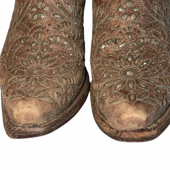 Corral Brown Leather Turquoise Glitter Inlay & Stitching Boots Snip Toe A3352 7M - Picture 9 of 16